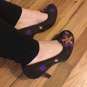 Brown Suede Pumps with Felt/beaded Design